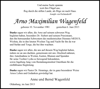 Traueranzeige von Arno Maximilian Wagenfeld von Nordwest-Zeitung