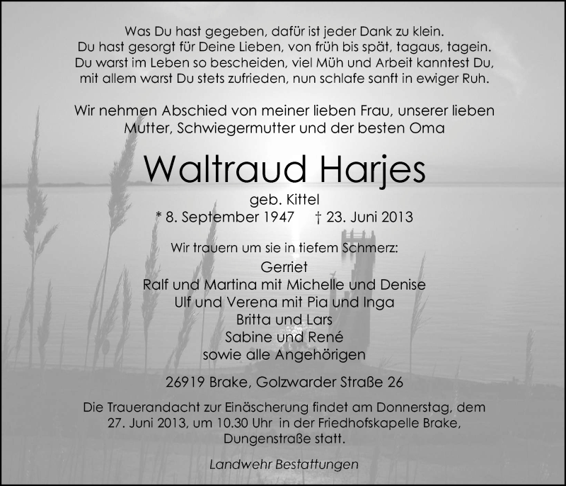 Traueranzeige für Waltraud Harjes vom 25.06.2013 aus Nordwest-Zeitung