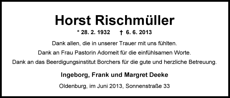  Traueranzeige für Horst Rischmüller vom 29.06.2013 aus Nordwest-Zeitung