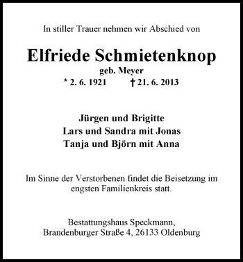 Traueranzeige von Elfriede Schmietenknop von Nordwest-Zeitung
