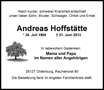 Traueranzeige von Andreas Hoffstätte von Nordwest-Zeitung