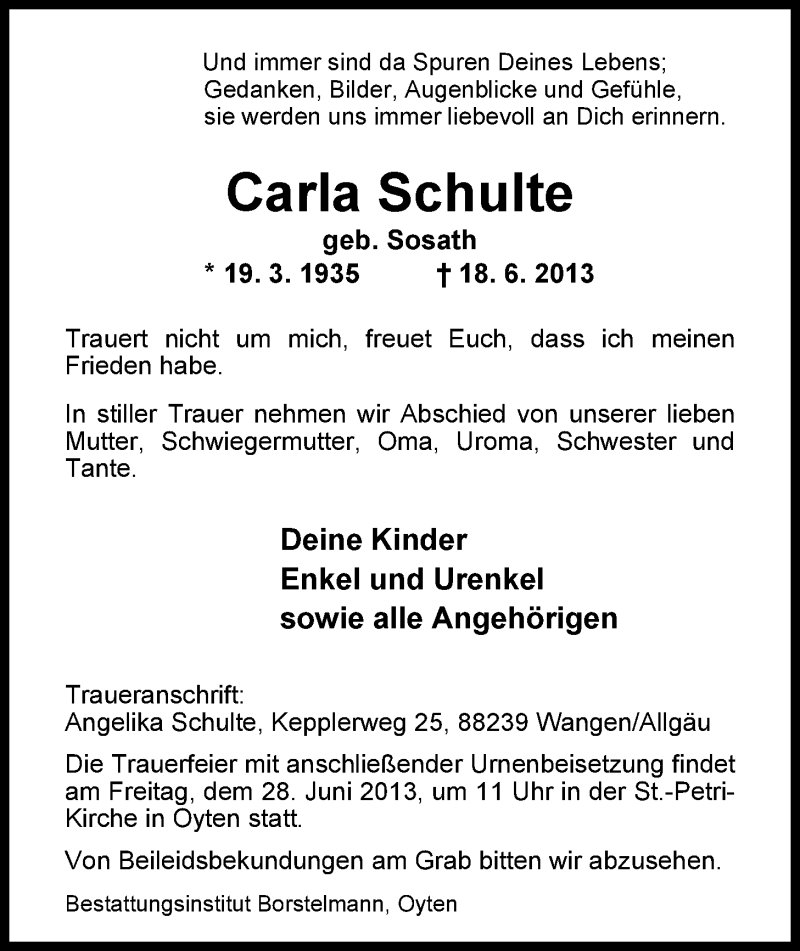  Traueranzeige für Carla Schulte vom 26.06.2013 aus Nordwest-Zeitung
