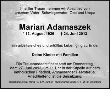 Traueranzeige von Marian Adamaszek von Nordwest-Zeitung
