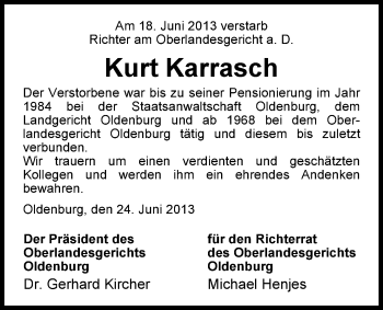 Traueranzeige von Kurt Karrasch von Nordwest-Zeitung