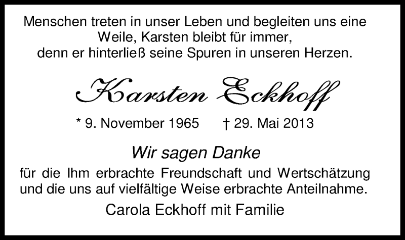 Traueranzeige für Karsten Eckhoff vom 29.06.2013 aus Nordwest-Zeitung