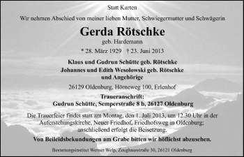 Traueranzeige von Gerda Rötschke von Nordwest-Zeitung