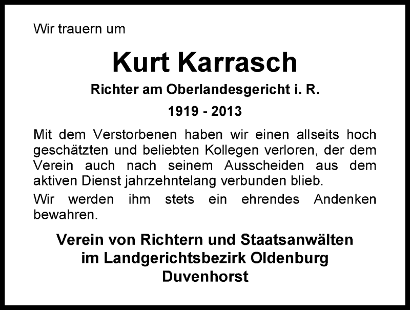  Traueranzeige für Kurt Karrasch vom 26.06.2013 aus Nordwest-Zeitung
