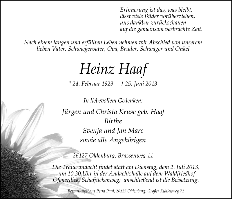  Traueranzeige für Heinz Haaf vom 28.06.2013 aus Nordwest-Zeitung