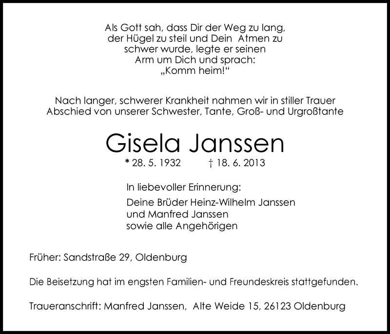  Traueranzeige für Gisela Janssen vom 27.06.2013 aus Nordwest-Zeitung