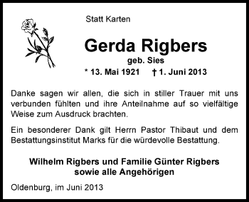 Traueranzeige von Gerda Rigbers von Nordwest-Zeitung