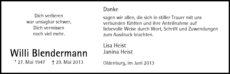  Traueranzeige für Willi Blendermann vom 29.06.2013 aus Nordwest-Zeitung
