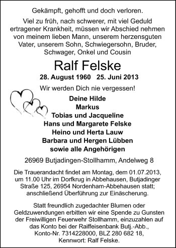 Traueranzeige von Ralf Felske von Nordwest-Zeitung
