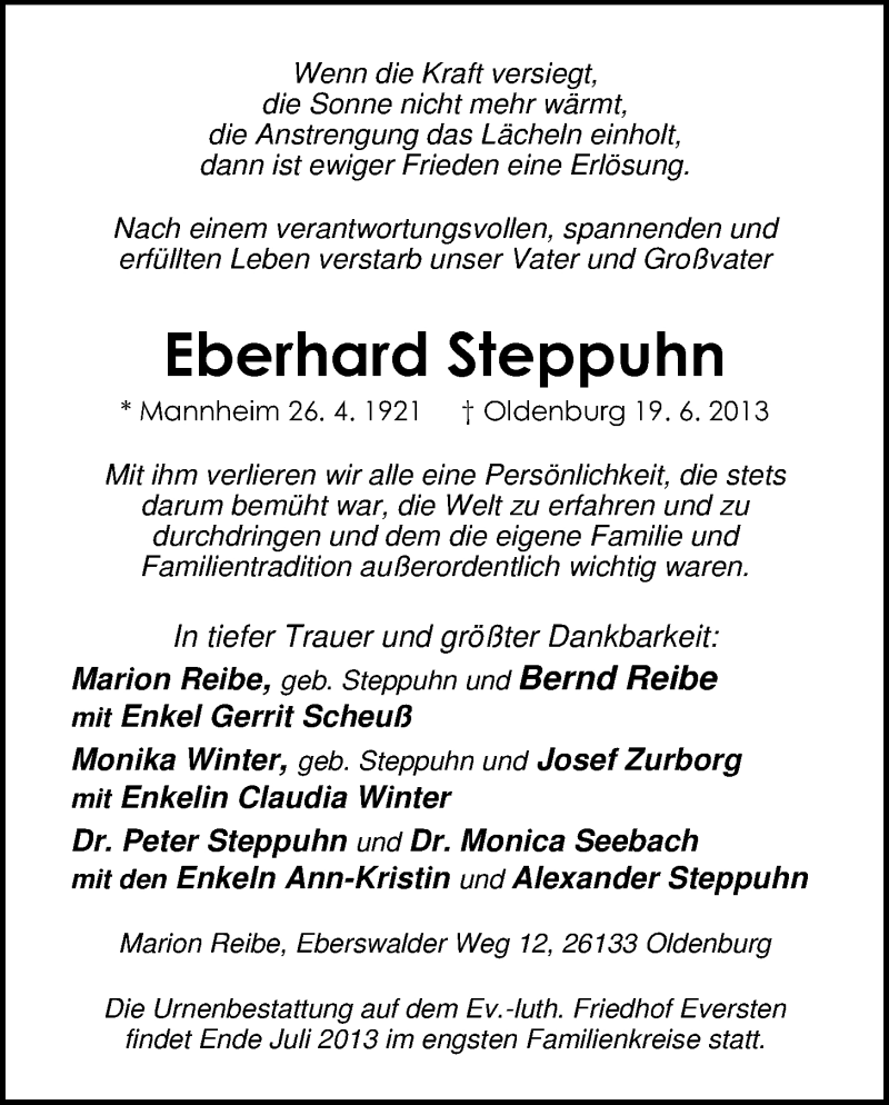  Traueranzeige für Eberhard Steppuhn vom 29.06.2013 aus Nordwest-Zeitung