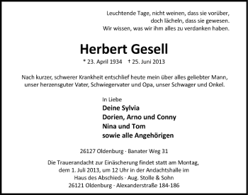 Traueranzeige von Herbert Gesell von Nordwest-Zeitung