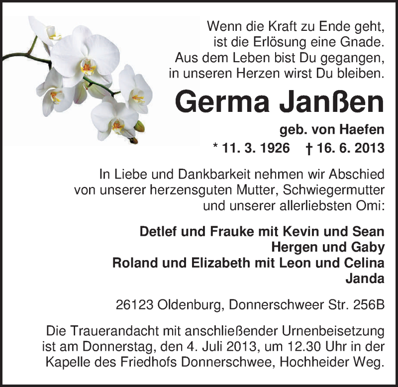  Traueranzeige für Germa Janßen vom 29.06.2013 aus Nordwest-Zeitung