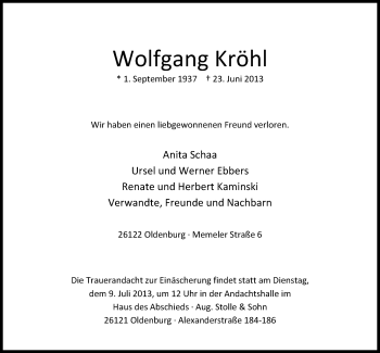 Traueranzeige von Wolfgang Kröhl von Nordwest-Zeitung