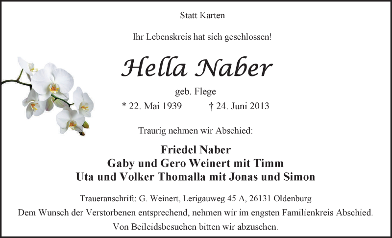  Traueranzeige für Hella Naber vom 29.06.2013 aus Nordwest-Zeitung