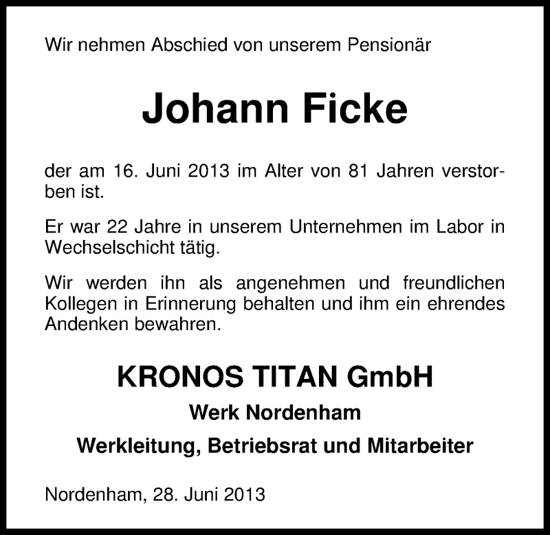  Traueranzeige für Johann-Friedrich Ficke vom 28.06.2013 aus Nordwest-Zeitung