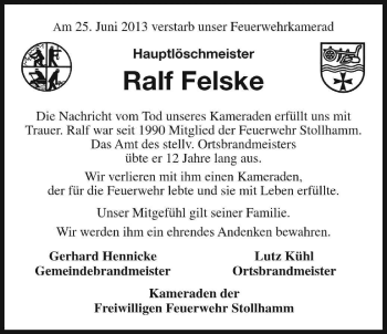 Traueranzeige von Ralf Felske von Nordwest-Zeitung