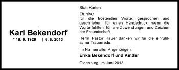 Traueranzeige von Karl Bekendorf von Nordwest-Zeitung