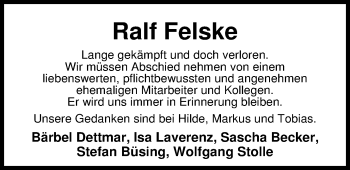 Traueranzeige von Ralf Felske von Nordwest-Zeitung