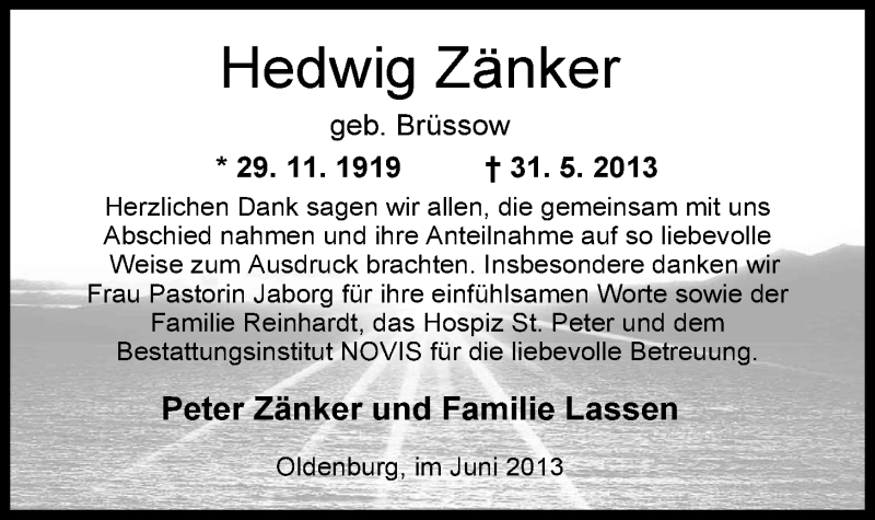  Traueranzeige für Hedwig Zänker vom 29.06.2013 aus Nordwest-Zeitung