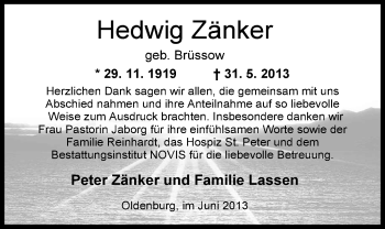 Traueranzeige von Hedwig Zänker von Nordwest-Zeitung