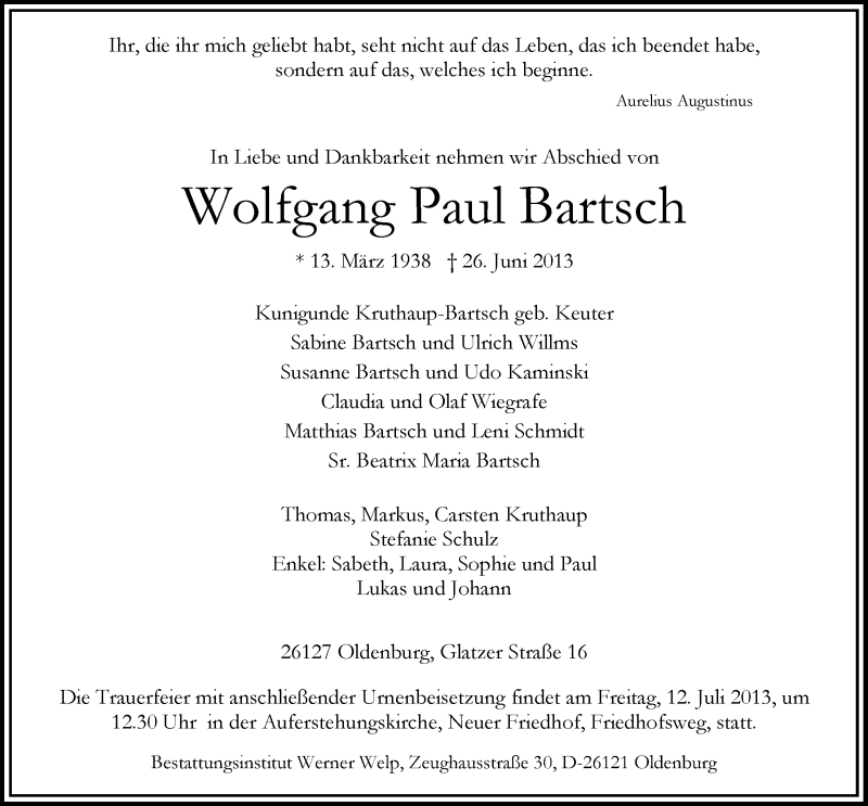 Traueranzeige für Wolfgang Paul Bartsch vom 06.07.2013 aus Nordwest-Zeitung