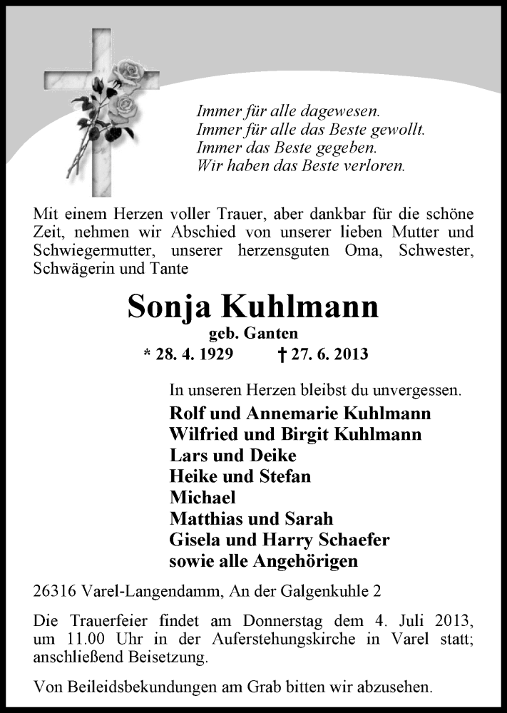  Traueranzeige für Sonja Kuhlmann vom 29.06.2013 aus Nordwest-Zeitung