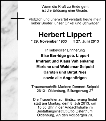 Traueranzeige von Herbert Lippert von Nordwest-Zeitung