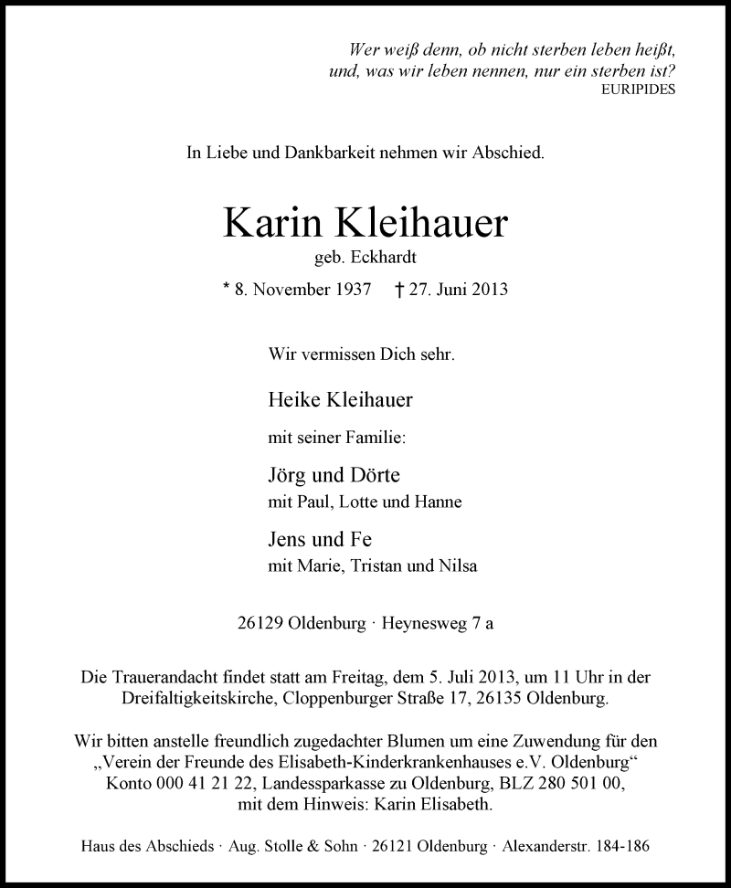  Traueranzeige für Karin Kleihauer vom 02.07.2013 aus Nordwest-Zeitung