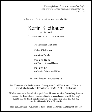 Traueranzeige von Karin Kleihauer von Nordwest-Zeitung