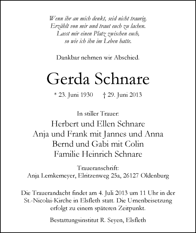  Traueranzeige für Gerda Schnare vom 02.07.2013 aus Nordwest-Zeitung