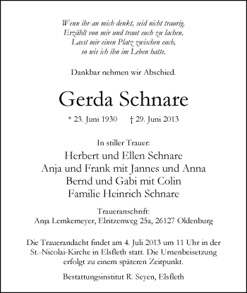 Traueranzeige von Gerda Schnare von Nordwest-Zeitung