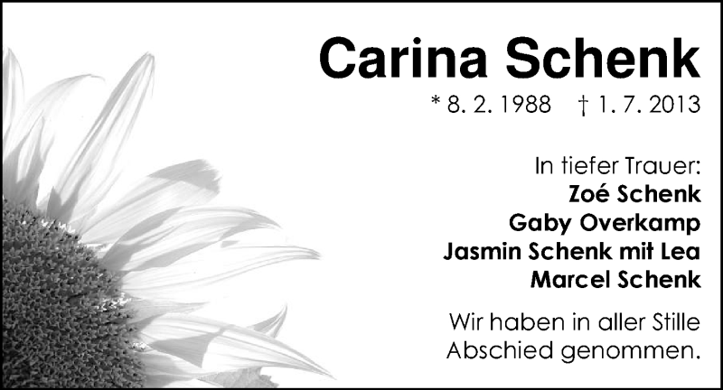  Traueranzeige für Carina Schenk vom 09.07.2013 aus Nordwest-Zeitung