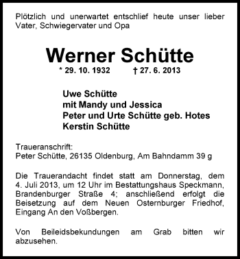 Traueranzeige von Werner Schütte von Nordwest-Zeitung