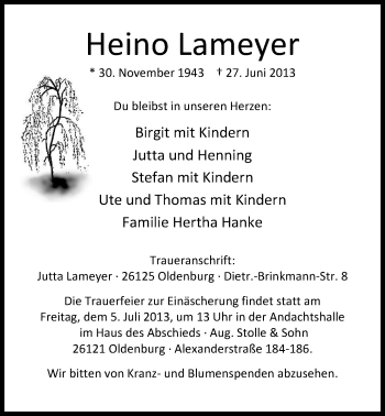 Traueranzeige von Heino Lameyer von Nordwest-Zeitung