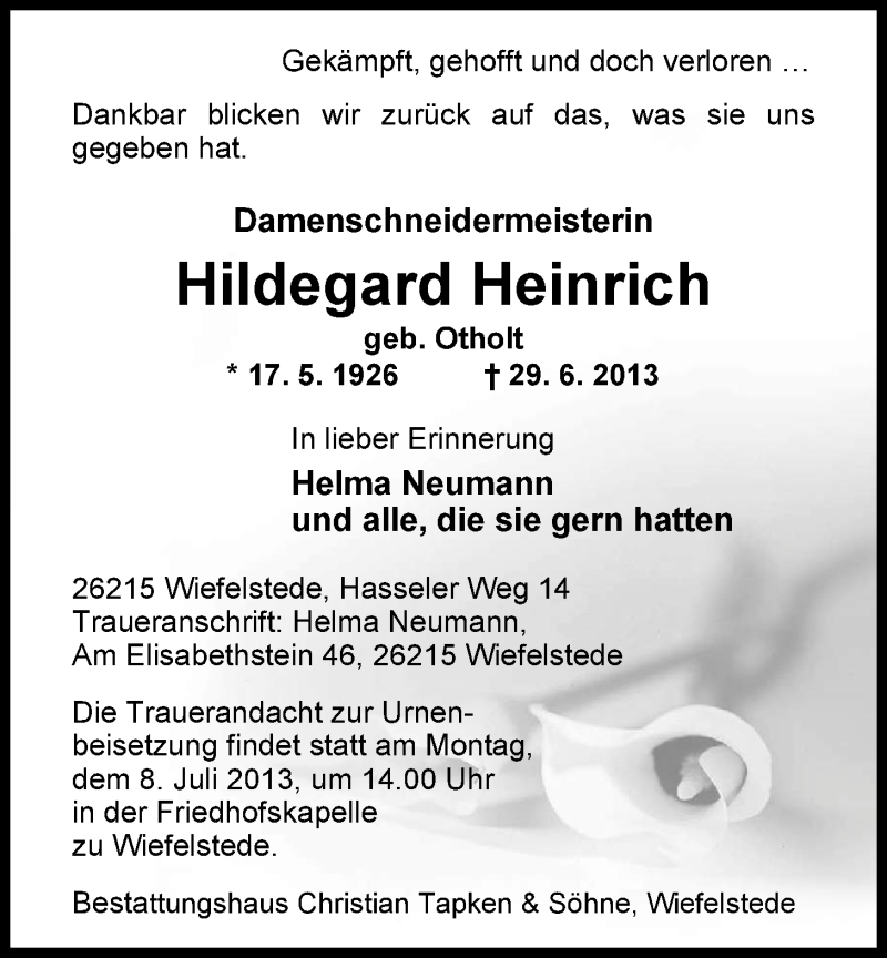  Traueranzeige für Hildegard Heinrich vom 03.07.2013 aus Nordwest-Zeitung