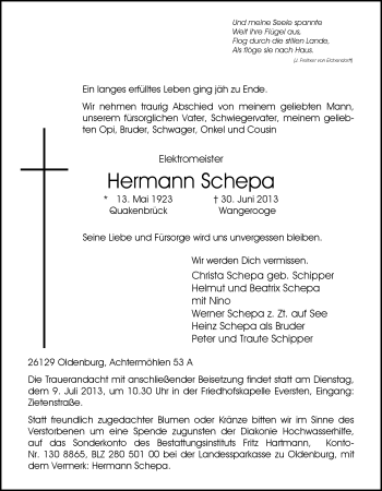 Traueranzeige von Hermann Schepa von Nordwest-Zeitung