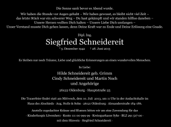 Traueranzeige von Siegfried Schneidereit von Nordwest-Zeitung
