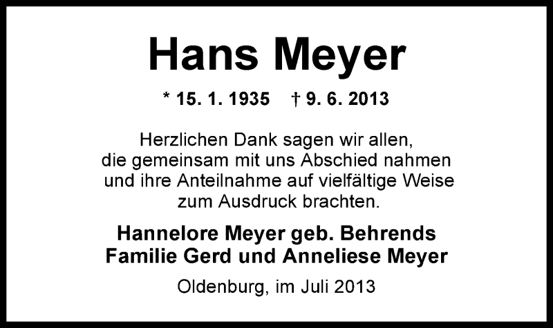 Traueranzeige für Hans Meyer vom 06.07.2013 aus Nordwest-Zeitung