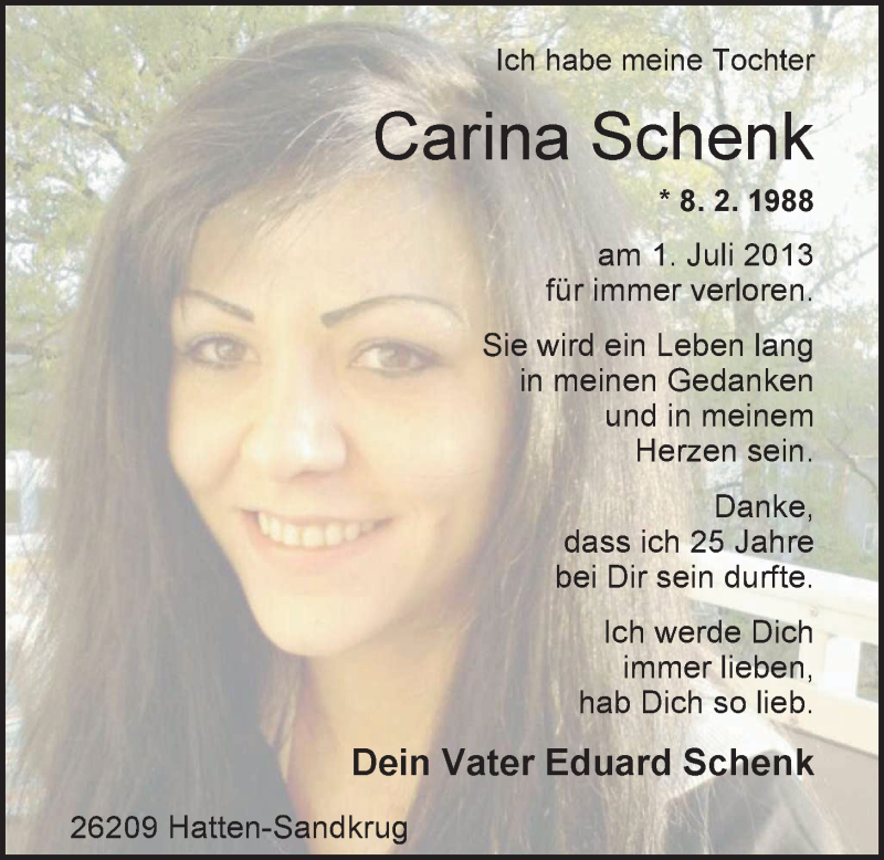  Traueranzeige für Carina Schenk vom 06.07.2013 aus Nordwest-Zeitung