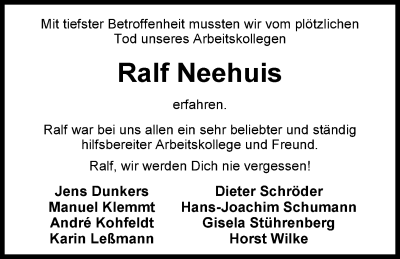  Traueranzeige für Ralf Neehuis vom 06.07.2013 aus Nordwest-Zeitung