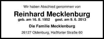 Traueranzeige von Reinhard Mecklenburg von Nordwest-Zeitung