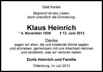 Traueranzeige von Klaus Heinrich von Nordwest-Zeitung