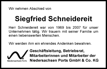 Traueranzeige von Siegfried Schneidereit von Nordwest-Zeitung