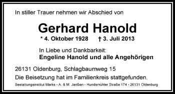 Traueranzeige von Gerhard Hanold von Nordwest-Zeitung