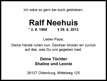 Traueranzeige von Ralf Neehuis von Nordwest-Zeitung