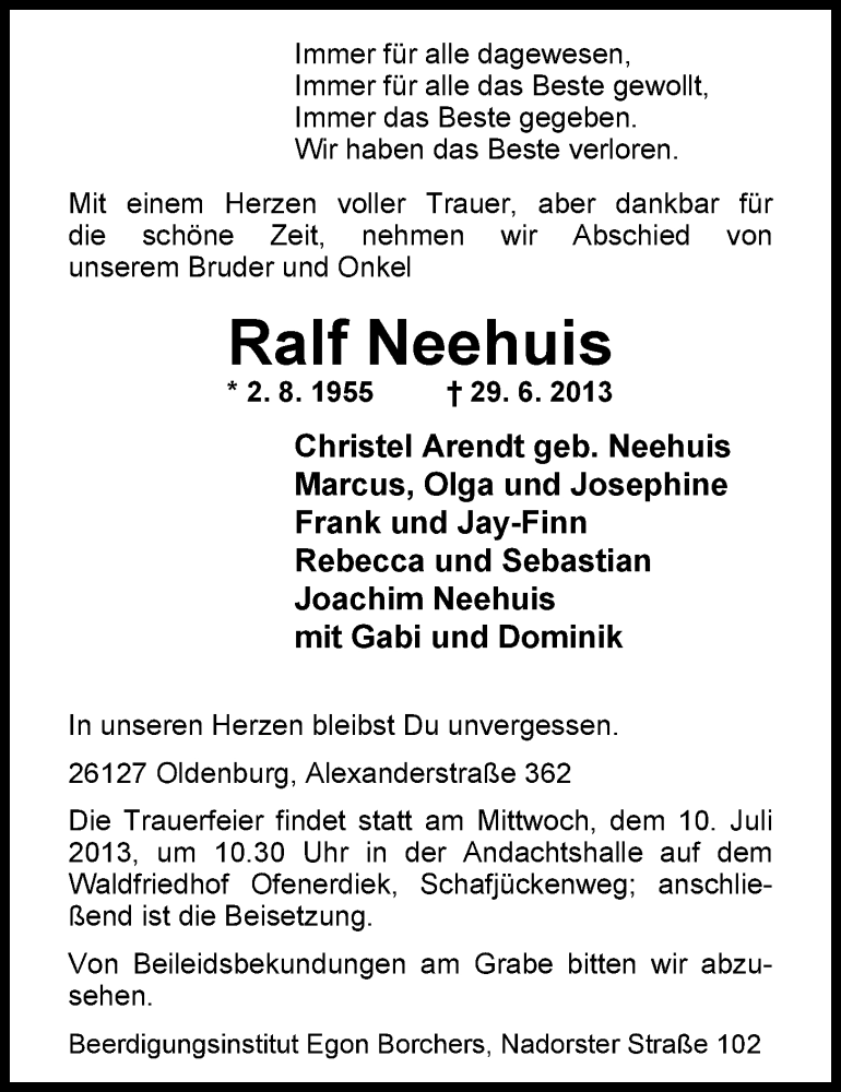  Traueranzeige für Ralf Neehuis vom 06.07.2013 aus Nordwest-Zeitung