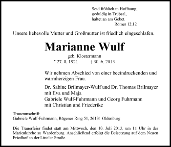 Traueranzeige von Marianne Wulf von Nordwest-Zeitung
